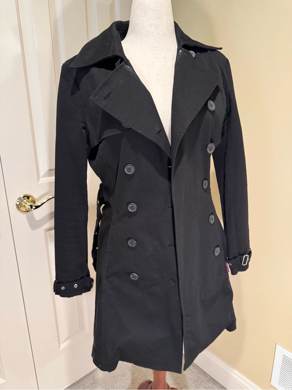 Black Double-Breasted Trench Coat with Lace-Up Back